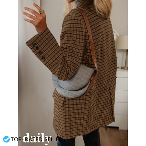 Plaid Houndstooth Wool Blazer Loose Fit Business Casual Elegant Suit Jacket - Picture 2 of 7